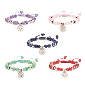 5Pcs 5 Style Alloy Enamel Cross Charm Bracelets Set, Natural Mixed Gemstone & Resin Evil Eye Braided Adjustable Bracelets for Women, Inner Diameter: 2-1/8~3-1/4 inch(5.4~8.2cm), 1Pc/style