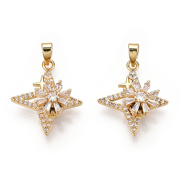 Rotatable Brass Micro Clear Pave Cubic Zirconia Pendants, Star Charms, Real 18K Gold Plated, 20.5x18x6.5mm, Hole: 2.6x4.5mm