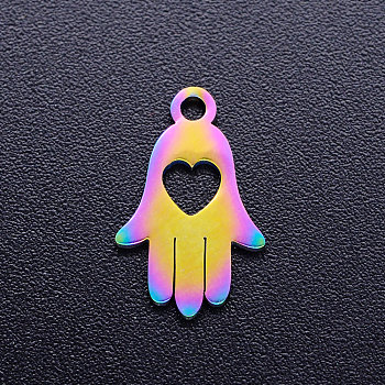 Ion Plating(IP) 304 Stainless Steel Charms, Hamsa Hand/Hand of Miriam with Heart, Rainbow Color, 15x9.5x1mm, Hole: 1.5mm