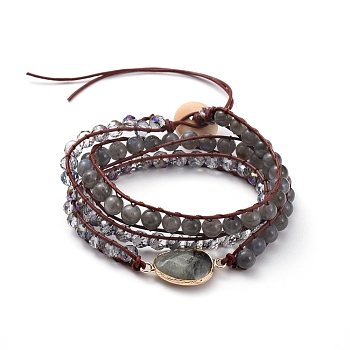 Faceted Glass & Natural Labradorite Beaded Wrap Bracelets, with Cowhide Leather Cord and Burlap, Teardrop, 570x7mm