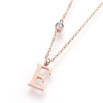 (Jewelry Parties Factory Sale)304 Stainless Steel Initial Pendant Necklaces, with Glass Rhinestone, Crystal, Rose Gold, Letter.E, 16.1~16.5 inch(41~42cm), Pendant: 11x5~8.5x1mm