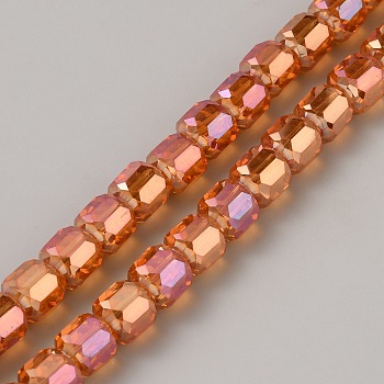 Electroplate Transparent Glass Beads Strands, Faceted Column, Salmon, 7x8x8mm, Hole: 3mm, about 77pcs/strand, 22.24''(56.5cm)