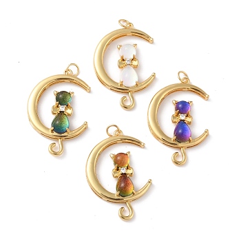 Brass Cubic Zirconia Pendants, with Glitter Powder Glass & Jump Ring, Long-Lasting Plated, Lead Free & Cadmium Free, Moon & Cat, Real 18K Gold Plated, Mixed Color, 34x23x6.5mm, Jump Ring: 5x0.7mm, Inner Diameter: 3.6mm