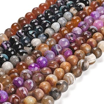 Natural Banded Agate/Striped Agate Beads Strands, Dyed & Heated, Round, Faceted, Mixed Color, 13.5~14mm, Hole: 1.4mm, about 28~29pcs/strand, 15.16 inch(38.5cm)