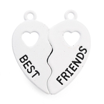 Alloy Enamel Split Pendants, Magnetic Charms, Heart with Word Best Friends, White, 28x25x2mm, Hole: 2mm