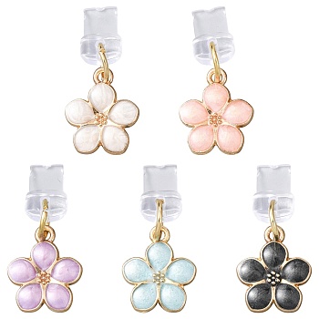 5Pcs Plastic Mobile Dustproof Plugs, with Alloy Enamel Flower Pendants, Golden, Mixed Color, 32mm