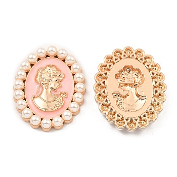 Zinc Alloy Enamel Cabochons, with Plastic Imitation Pearls, Oval with Woman, Light Gold, Pink, 53x42x7.5mm