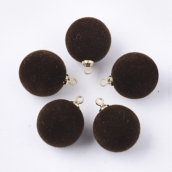 Flocky Acrylic Pendants, with Brass Findings, Round, Golden, Coconut Brown, 18x14mm, Hole: 1.6mm