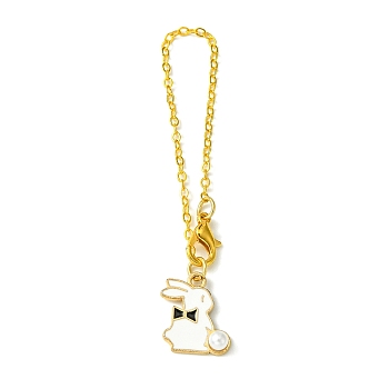 Alloy Enamel Rabbit Cup Pendant Decorations, with Brass Flat Oval Cable Chains, Black, 130mm