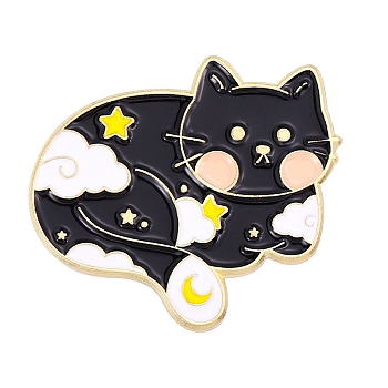 Cat Enamel Pin, Light Gold Alloy Brooch for Backpack Clothes, Cloud Pattern, 25.5x30.5mm