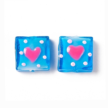 Handmade Lampwork Beads, Square with Heart Pattern, Dodger Blue, 16x15x6mm, Hole: 1.8mm