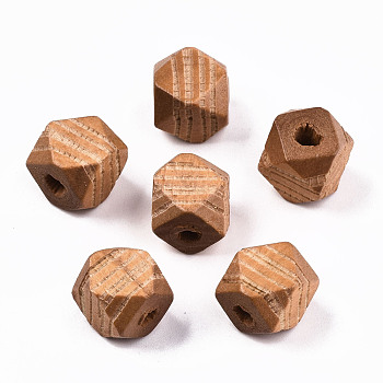Painted Natural Wood Beads, Laser Engraved Pattern, Faceted, Polygon with Zebra-Stripe, Saddle Brown, 10x10x10mm, Hole: 2.5mm