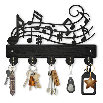 Wood & Iron Wall Mounted Hook Hangers, Decorative Organizer Rack, with 2Pcs Screws, 5 Hooks for Bag Clothes Key Scarf Hanging Holder, Musical Note, 200x300x7mm.