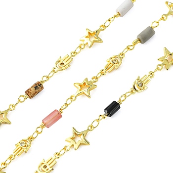 Brass Hamsa Hand Link Chain, with Cubic Zirconia and Natural Mixed Gemstone Column Beaded, Real 18K Gold Plated, Lead Free & Cadmium Free, Soldered, with Spool, Colorful, 13x3.5mm, 11x5x2mm, about 3.28 Feet(1m)/Roll