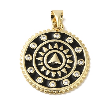 Brass Enamel Micro Pave Cubic Zirconia Pendants, Real 18K Gold Plated, Round, Black, 23x20x2mm, Hole: 5.5x3.8mm