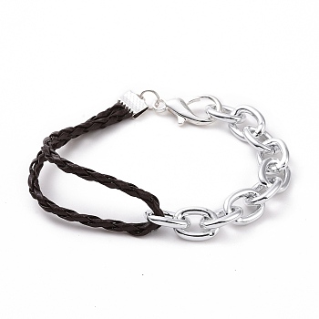 Fashion Braided Bracelets, with PU Leather Cord, Aluminium Chains and Alloy Lobster Claw Clasps, Saddle Brown, 195mm