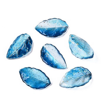Two Tone Glass Pendants, Golden Autumn Leaf Charm, Dodger Blue, 22.5x12.5x5mm, Hole: 1.4mm
