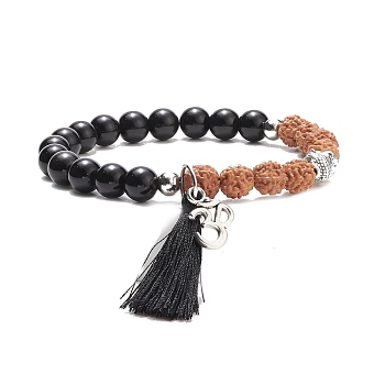 Mala Beads Bracelet, Natural Rudraksha & Natural Obsidian & Alloy Buddha Head Stretch Bracelet, Ohm/Aum & Tassel Charm Bracelet for Women, Black, Inner Diameter: 2-1/4 inch(5.7cm)