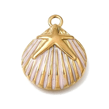 304 Stainless Steel Enamel Pendants, Shell Shape with Starfish Charms, Golden, 20x16x4mm, Hole: 1.8mm