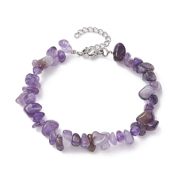 Natural Amethyst Chips Beaded Bracelet, with 304 Stainless Steel Clasps, 7-1/4 inch(18.5cm)