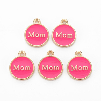 Alloy Enamel Charms, Cadmium Free & Lead Free, Light Gold, Flat Round with Mom, Deep Pink, 14.5x12x2mm, Hole: 1.4mm