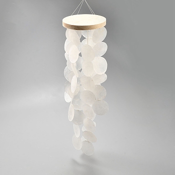 Natural Shell Wind Chimes, Flat Round, with Wooden Board, White, 550mm