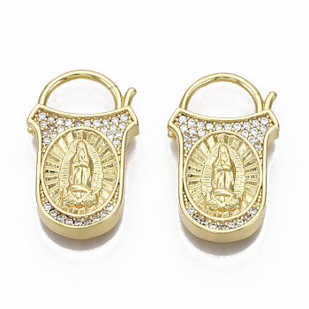 Brass Micro Pave Clear Cubic Zirconia Pendants, Nickel Free, Padlock with Virgin Mary, Real 16K Gold Plated, 25x15.5x4.5mm