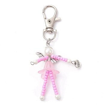 Glass Seed Bead Pendant Decorations, with Glass Pearl Beads, Acrylic Beads and Alloy Swivel Lobster Claw Clasps, Pink, 88.5mm