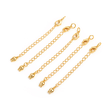 Brass Chain Extender, with Curb Chains and Lobster Claw Clasps, Long-Lasting Plated, Flower, Real 14K Gold Plated, 70x3mm, Hole: 3mm