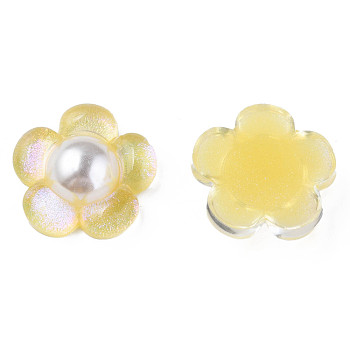 Translucent Epoxy Resin Cabochons, with ABS Plastic Imitation Pearl and Glitter Powder, Flower, Yellow, 19x19.5x6.5mm