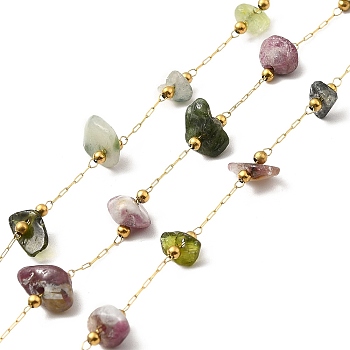 Ion Plating(IP) 316 Surgical Stainless Steel Paperclip Chains, with Natural Tourmaline Nuggets Beads, Soldered, Real 18K Gold Plated, with Spool, 2.5x1x0.5mm