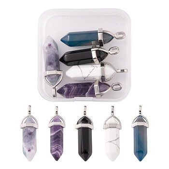 5Pcs 5 Style Natural Mixed Gemstone Pendants, with Platinum Brass Findings, Bullet, 36~45x12mm, Hole: 3~3x5mm, 1pc/style