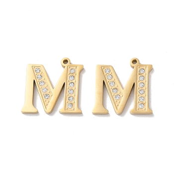 Real 14K Gold Plated 304 Stainless Steel Pendants, with Rhinestone, Letter M, 18x18.5x2mm, Hole: 1.4mm