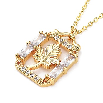 Golden Brass Rhinestone Pendant Necklace with Cable Chains, Leaf, 17.52 inch(44.5cm), Leaf: 24x18.5x4mm
