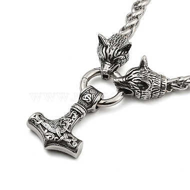 304 Collier avec pendentif en acier inoxydable en forme de tête de loup et de marteau de Thor Viking Mjolnir pour homme(NJEW-K278-05AS)-4