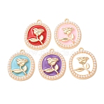 Alloy Enamel Pendants, Flat Round with Flower Pattern Charms, with ABS Plastic Pearl, Rack Plating, Golden, Mixed Color, 22x18.5x3.5mm, Hole: 1.2mm(AL-CBA3036-04G)