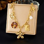 304 Stainless Steel & Resin & Imitation Pearl Multi-Pendant Bib Necklaces for Women, Golden, Flower, 16.38 inch(41.6cm)(SA-CBA717A-02G-01)
