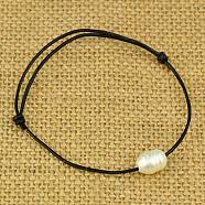 Cowhide Leather Cord Bracelets, with Grade B Natural Freshwater Pearl Beads, White, Adjustable, White, 50~80mm(BJEW-JB00842-01)