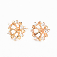 Brass Micro Pave Clear Cubic Zirconia Earring Findings, for Half Drilled Beads, Nickel Free, Flower, Real 18K Gold Plated, 13mm, Pin: 0.8mm, Pin: 1mm(for Half Drilled Beads)(KK-T062-212G-NF)