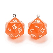 Transparent Acrylic Pendants, with Platinum Plated Iron Findings, Dice, Orange, 27.5x20x20mm, Hole: 2mm(MACR-O044-03A)