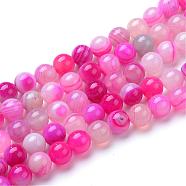 Natural Striped Agate/Banded Agate Bead Strands, Dyed, Round, Hot Pink, 8mm, Hole: 1mm, about 50pcs/strand, 15.7 inch(G-R412-21-8mm)