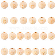 52 Pcs 26 Styles Unfinished Natural Wood European Beads, Large Hole Beads, Laser Engraved Pattern, Round with Word, Letter A~Z, 26 styles, 2pcs/style, 52pcs(WOOD-SC0001-32)