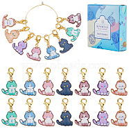 16Pcs 8 Style Cat Shape Alloy Enamel Pendant Locking Stitch Markers, Crochet Lobster Clasp Charms, Mixed Color, 3.5cm, 2pcs/style(HJEW-SC00031)