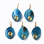 Natural Crackle Agate Pendants, Golden Iron Wire Wrapped Pendants, Dyed, Twist Oval, 29~32x15~17x5~8mm, Hole: 2.5~5mm(G-S359-267)