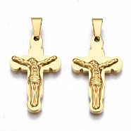 201 Stainless Steel Pendants, Crucifix Cross, for Easter, Real 18K Gold Plated, 30x18x4mm, Hole: 4x8mm(STAS-Q241-001G-NF)
