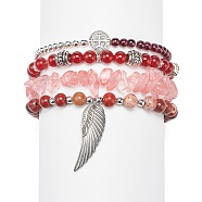 4Pcs 4 Style Natural Mixed Gemstone Beaded Stretch Bracelets Set, Alloy Saint Benedict Medal & Wing Charms Stackable Bracelets for Women, Inner Diameter: 1-3/4~2-1/8 inch(4.5~5.3cm), 1Pc/style(BJEW-JB08878)