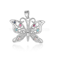 Brass Micro Pave Colorful Cubic Zirconia Pendants, Butterfly Charms, Platinum, 25x18x2.1mm(ZIRC-OY011-01P)