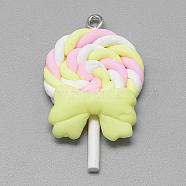 Handmade Polymer Clay Pendants, Lollipop with Bowknot, Yellow, 40~53x27~30x7~9mm, Hole: 2mm(CLAY-Q240-012K)