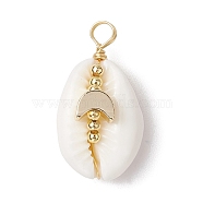 Natural Cowrie Shell Copper Wire Wrapped Pendants, Brass Charms, Golden, Moon, 25.5~28.5x12.5~15.5x9~11.5mm, Hole: 3.5~4.5mm(PALLOY-JF02932-01)