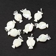Natural Trochid Shell/Trochus Shell Pendants, Owl Charms, with Platinum Tone Iron Snap on Bails, Seashell Color, 26.5x15.5x5mm, Hole: 6x2.5mm(SSHEL-M021-12)